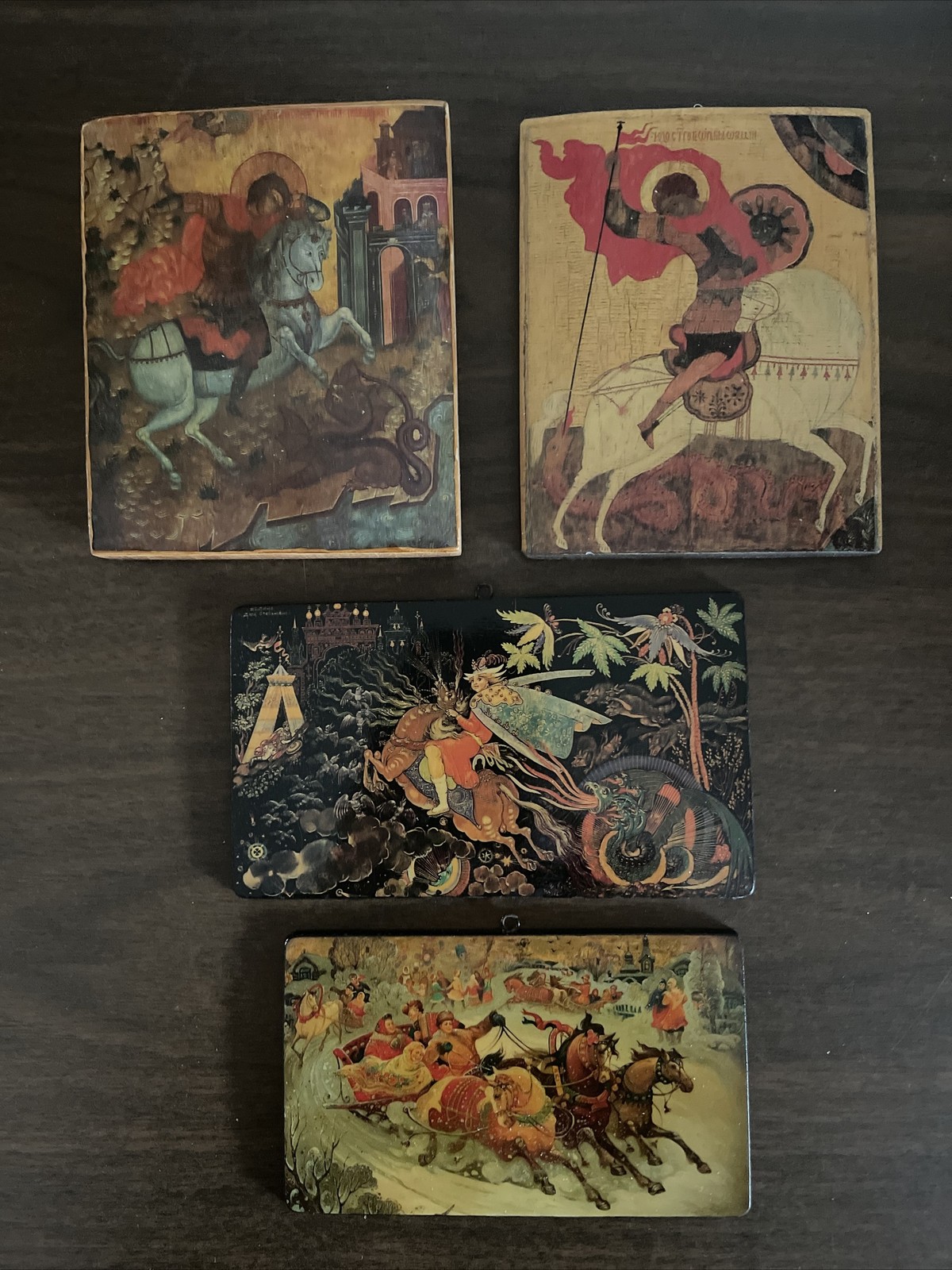 Vintage Lot of 4 Russian Lacquer Wall Art Plaque Panels