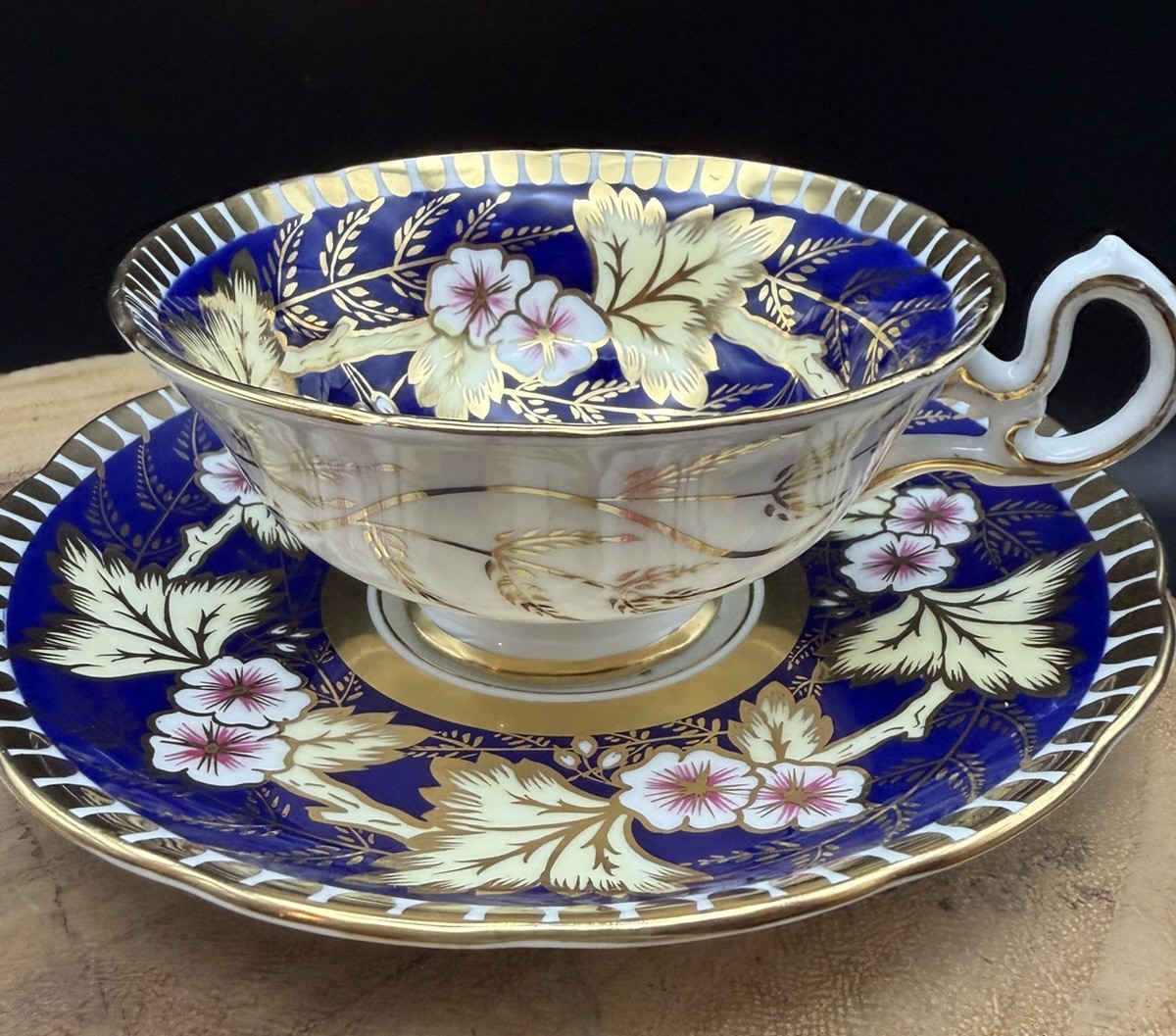 Grosvenor Bone China Cobalt Blue Gold Floral Footed Teacup Saucer England Grosvenor Bone China Cobalt Blue Gold Floral Footed Teacup Saucer England