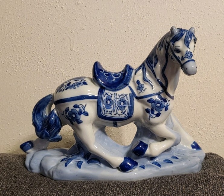 Vintage Chinoiserie Prancing Horse Blue & White Statuette Large Figurine 8”x 10”