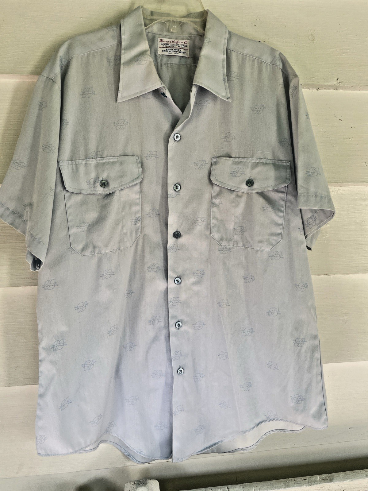 VTG 60s GREYHOUND BUS ALL-OVER LOGO WORK SHIRT SHORT SLEEVE HOWARD UNIFORM BLUE