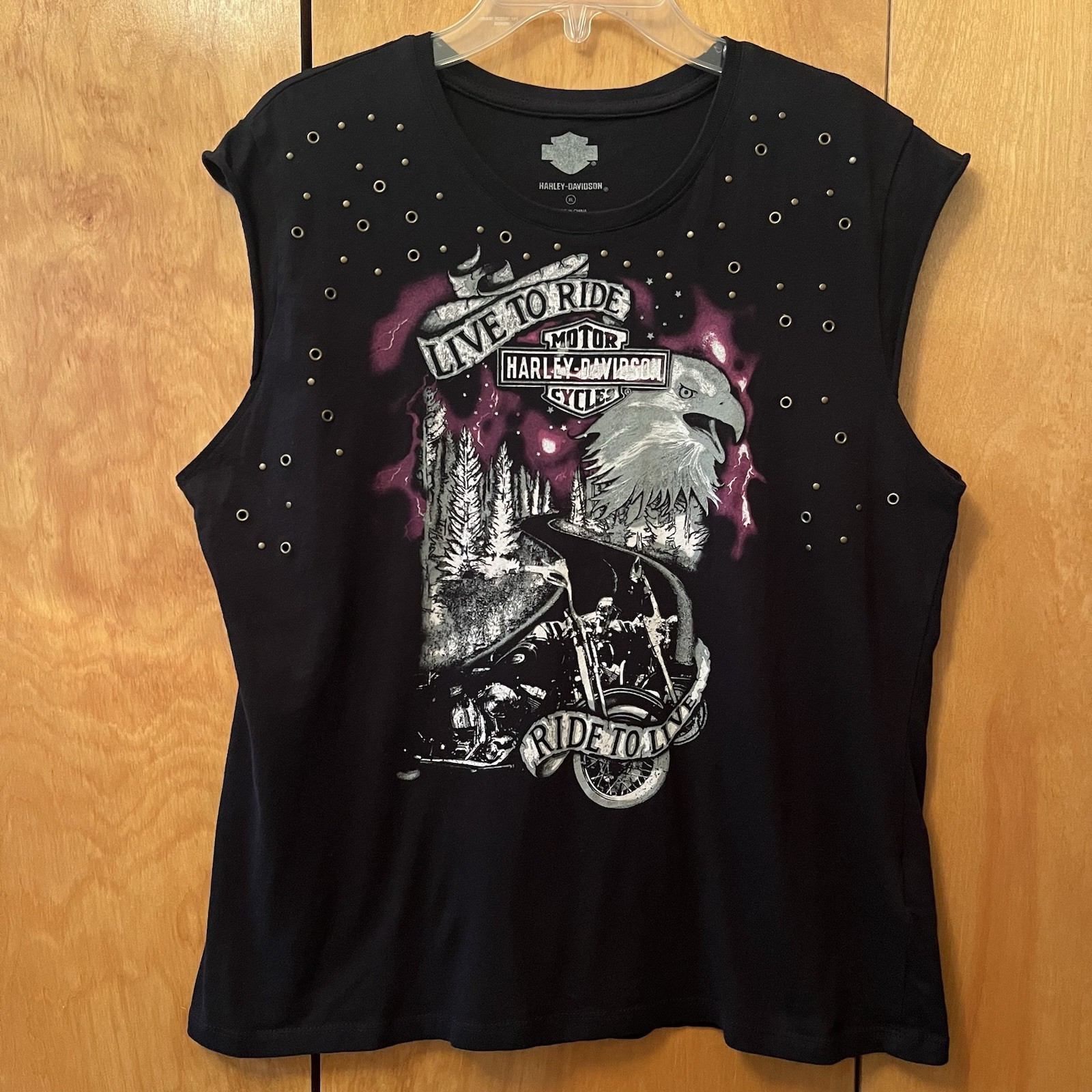 Harley Davidson Women\'s XL Sleeveless T-Shirt w/Brass Grommets Live To Ride