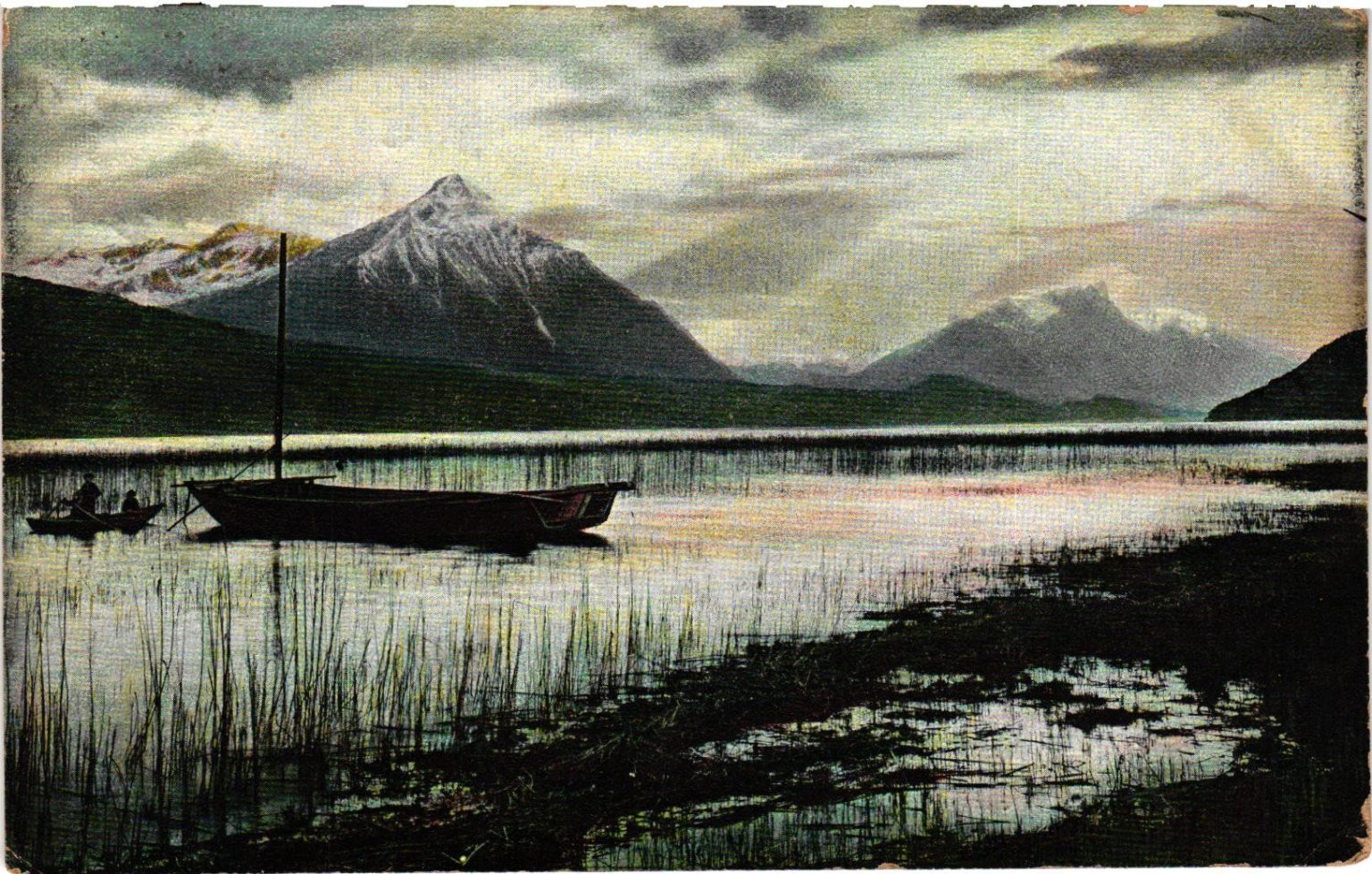 Vintage 1910 Mountain Lake Postcard Boat & Snowy Peaks Amer Landscape Series Vintage 1910 Mountain Lake Postcard Boat & Snowy Peaks Amer Landscape Series