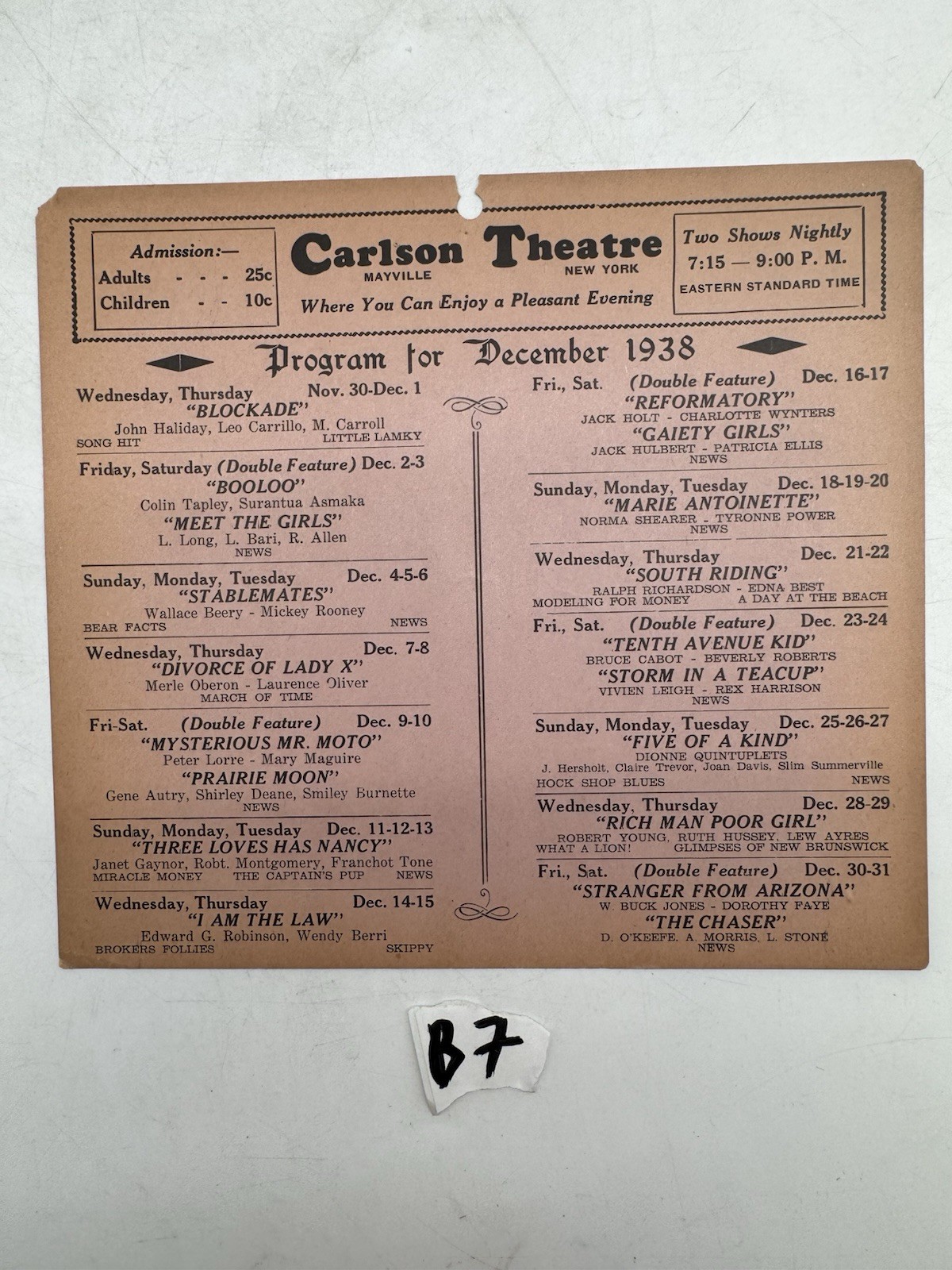 December 1938 Carlson Theatre Mayville New York Movie Calendar Mailing Card December 1938 Carlson Theatre Mayville New York Movie Calendar Mailing Card