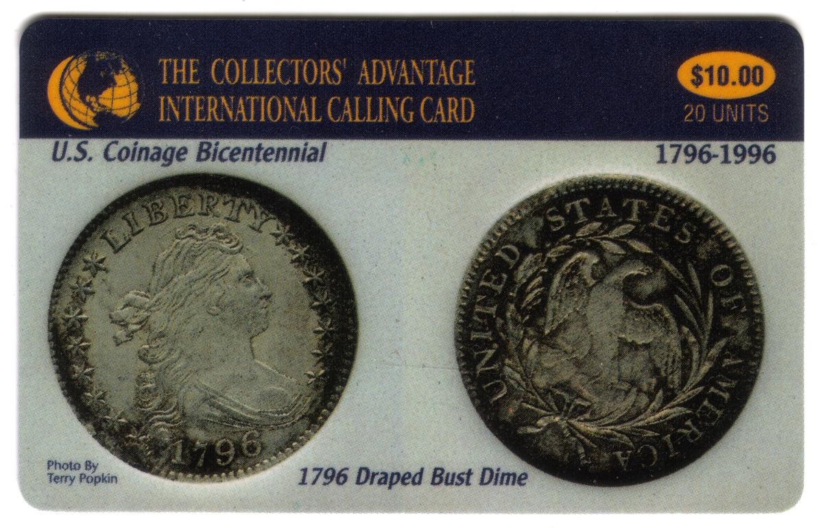 $10. 1796 Draped Bust Dime Coin Card (Coinage Bicenten) (3/95) USED Phone Card