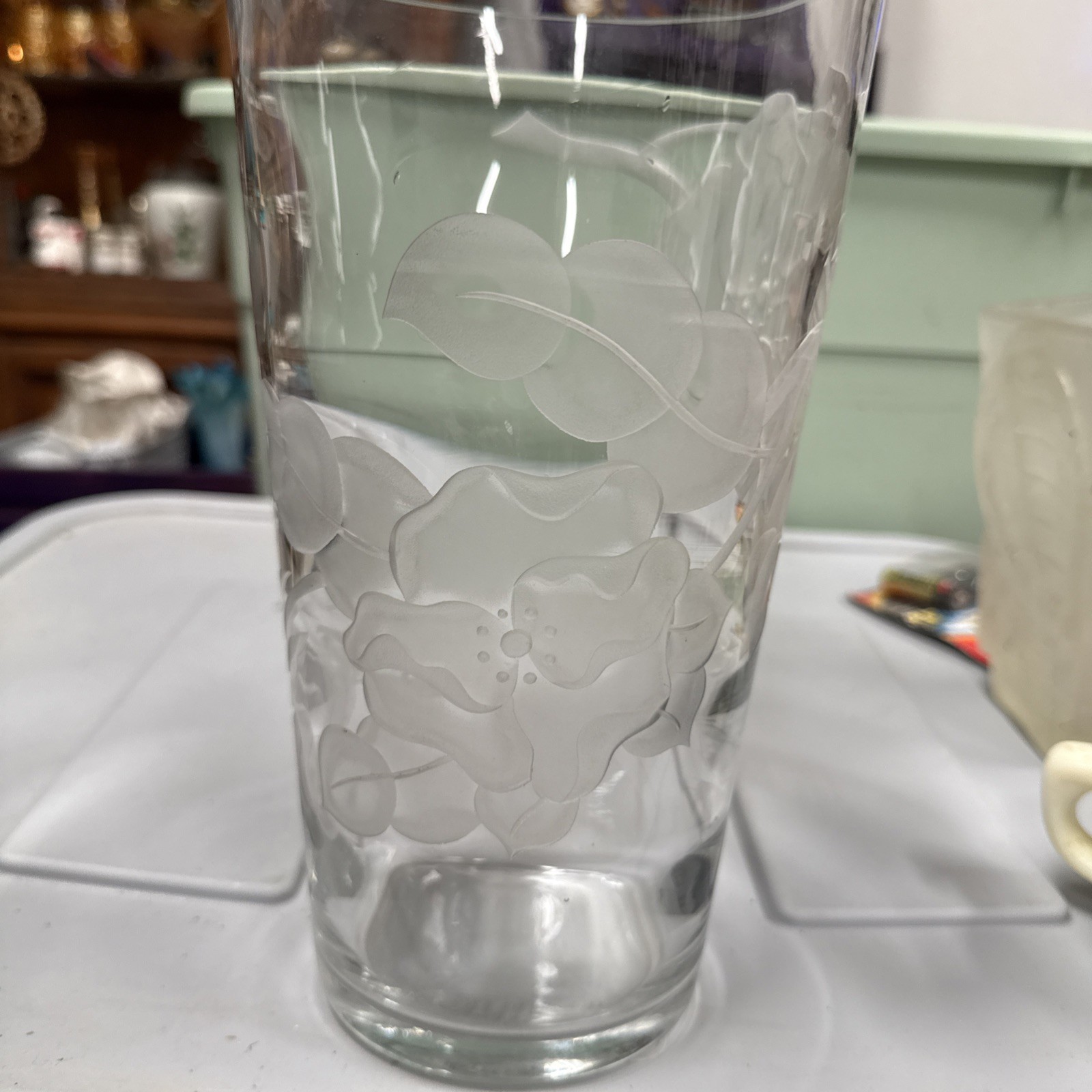 Tiffin Art Glass etched floral vase, likely designed by Franz Grosz.