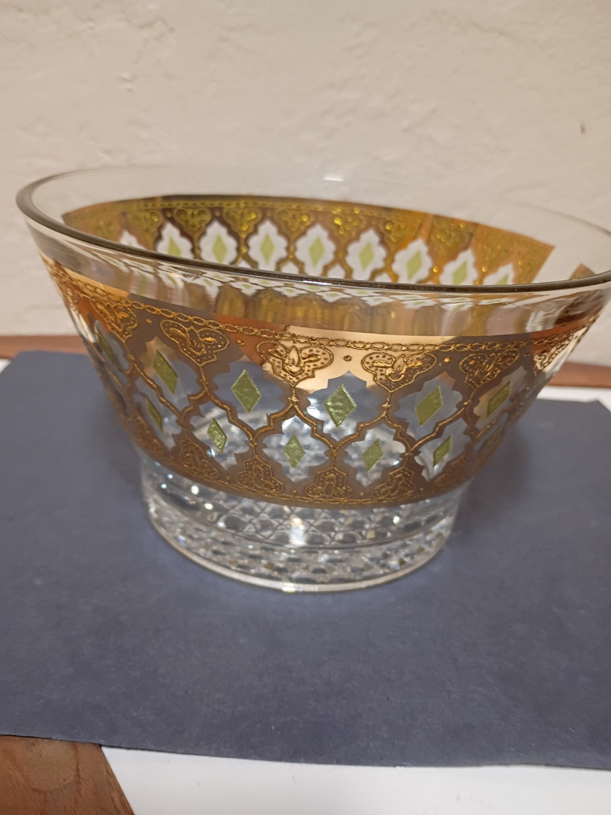 CULVER MCM VALENCIA GLASS 22K GOLD & EMERALD DIAMONDS FLARED RIM ICE BUCKET