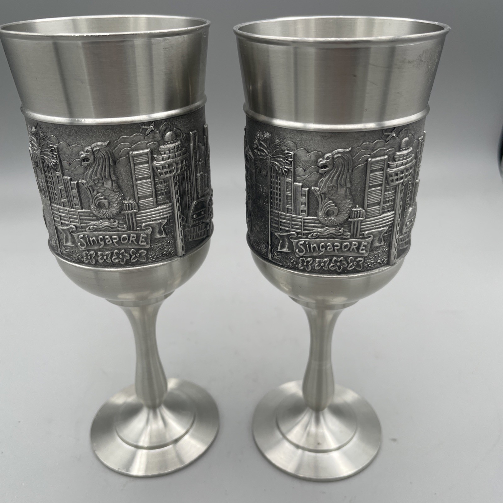 Vintage Eastern Pewter Singapore Goblets Pair 97% Tin Chalice Wine Cups 6.75”
