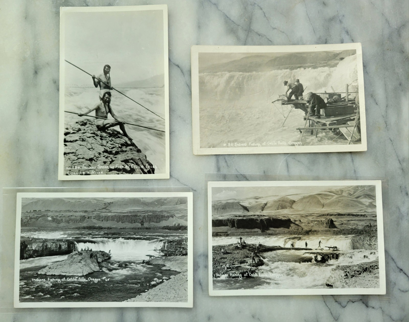 Columbia River Oregon Celilo Falls Indians Spearing Fish Lot of 4 1930s VTG RPPC