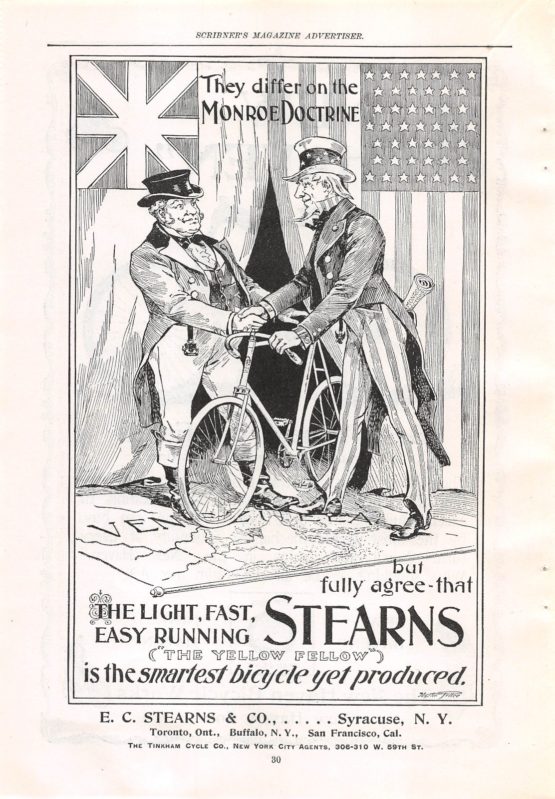 antique 1896 ad STEARNS Bicycle Monroe Doctrine Venezuela John Bull Uncle Sam