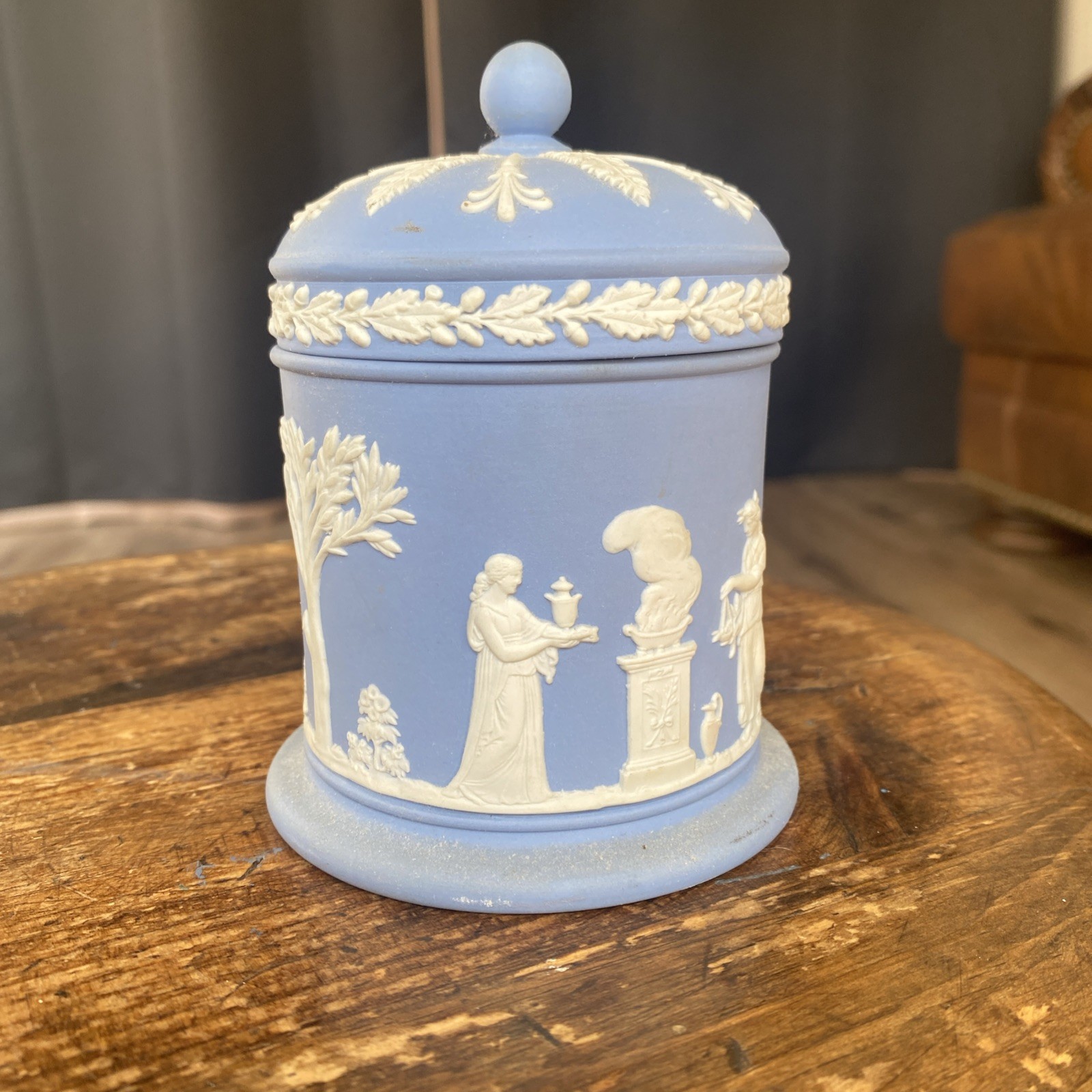 Vintage Wedgwood Blue & White Jasperware 4 1/2” Tobacco Jar With Lid Vintage Wedgwood Blue & White Jasperware 4 1/2” Tobacco Jar With Lid