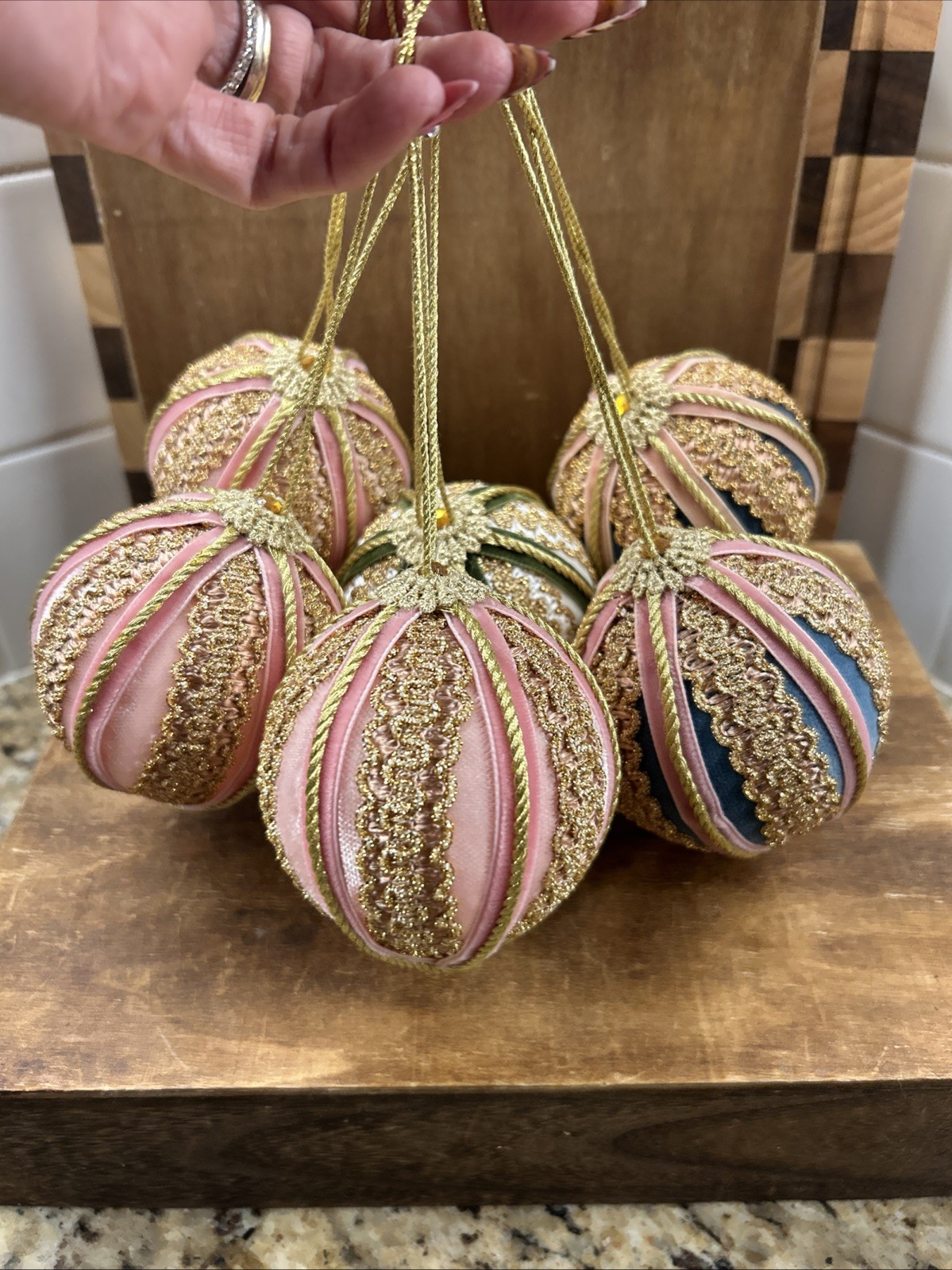 KOESTEL 6 Vintage Handmade West Germany Christmas Ornaments GOLD PINK GREEN KOESTEL 6 Vintage Handmade West Germany Christmas Ornaments GOLD PINK GREEN