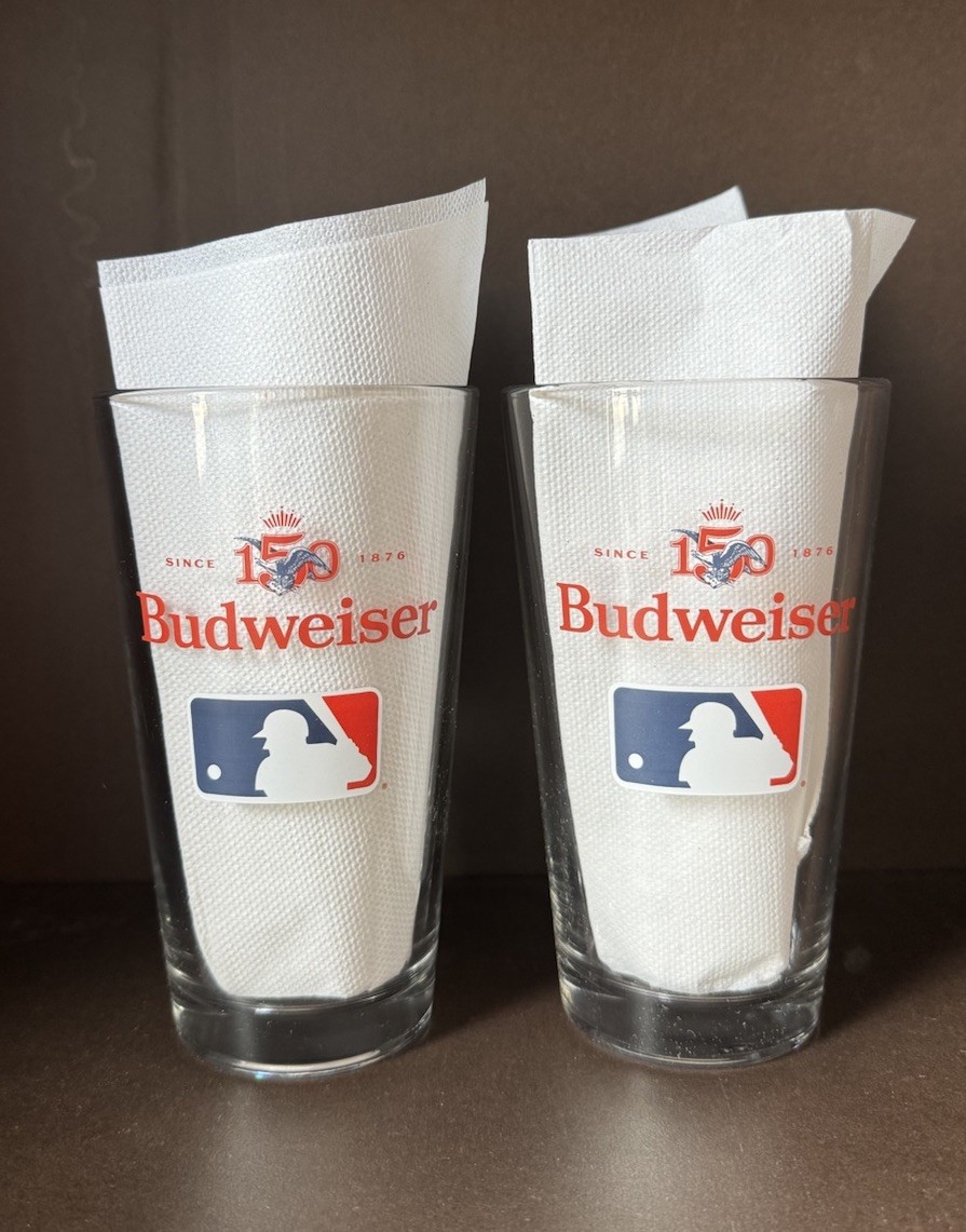 (2) Budweiser 150th Anniversary MLB Baseball 16 oz Pint Beer Glasses New
