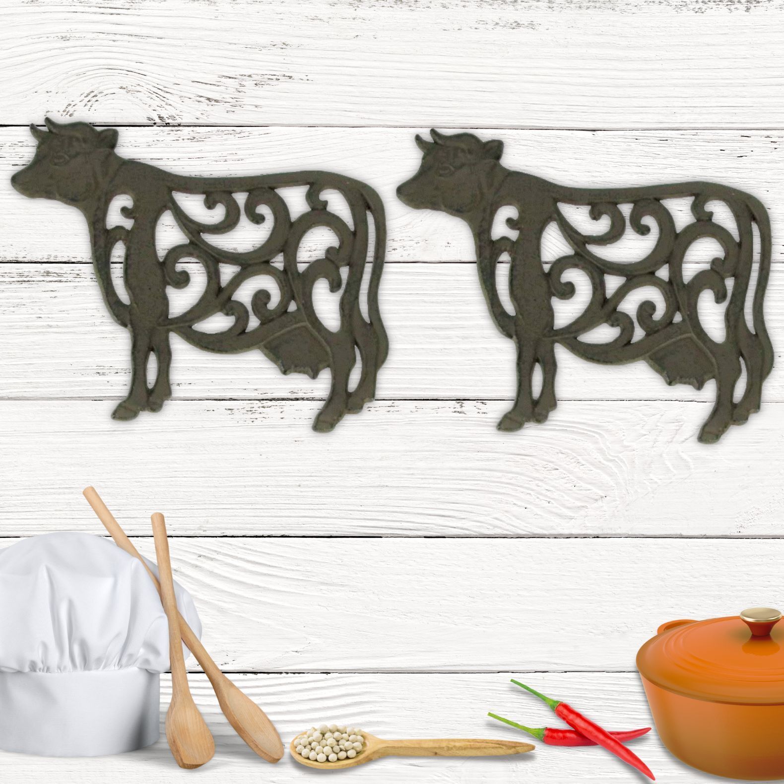 Trivets in Cast Iron Cow with Floral Scroll Design (Set of 2)