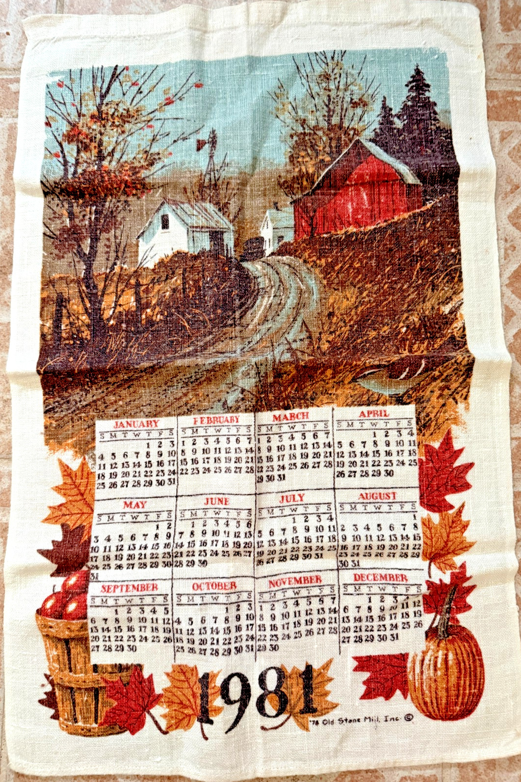 Vintage 1981 Linen Tea Towel Farmhouse Fall Autumn Pumpkins Old Stone Mill Inc