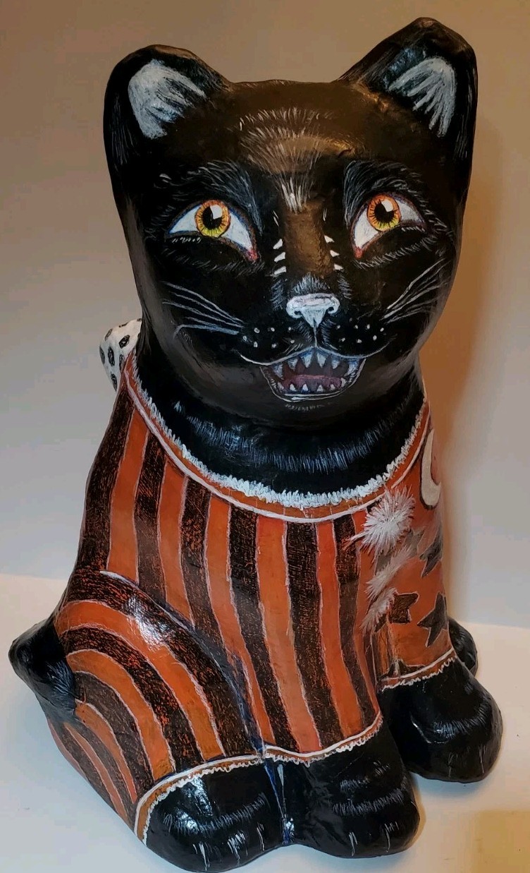Ooak Paper Mache Vintage Inspired Halloween Black Cat Clown 13\