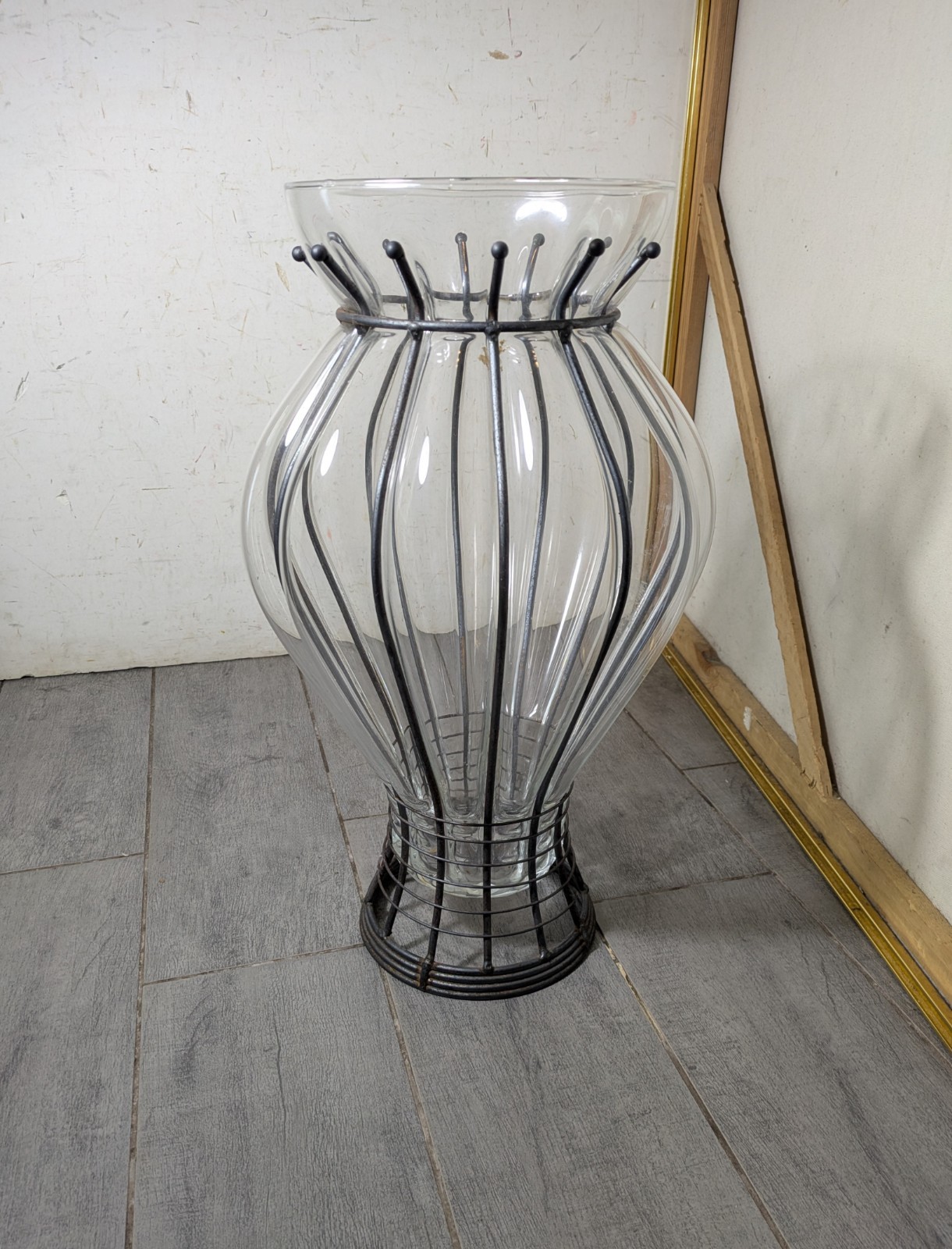 Tarnow Poland Hand Blown Caged Art Glass Floor Vase Wrought Iron Wire Cage VTG Tarnow Poland Hand Blown Caged Art Glass Floor Vase Wrought Iron Wire Cage VTG