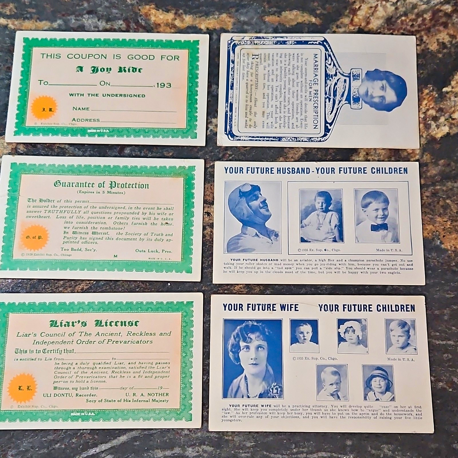 Lot of 6 Vintage 1935 Exhibit Supply Co. Penny Arcade Fortune Telling Cards Rare