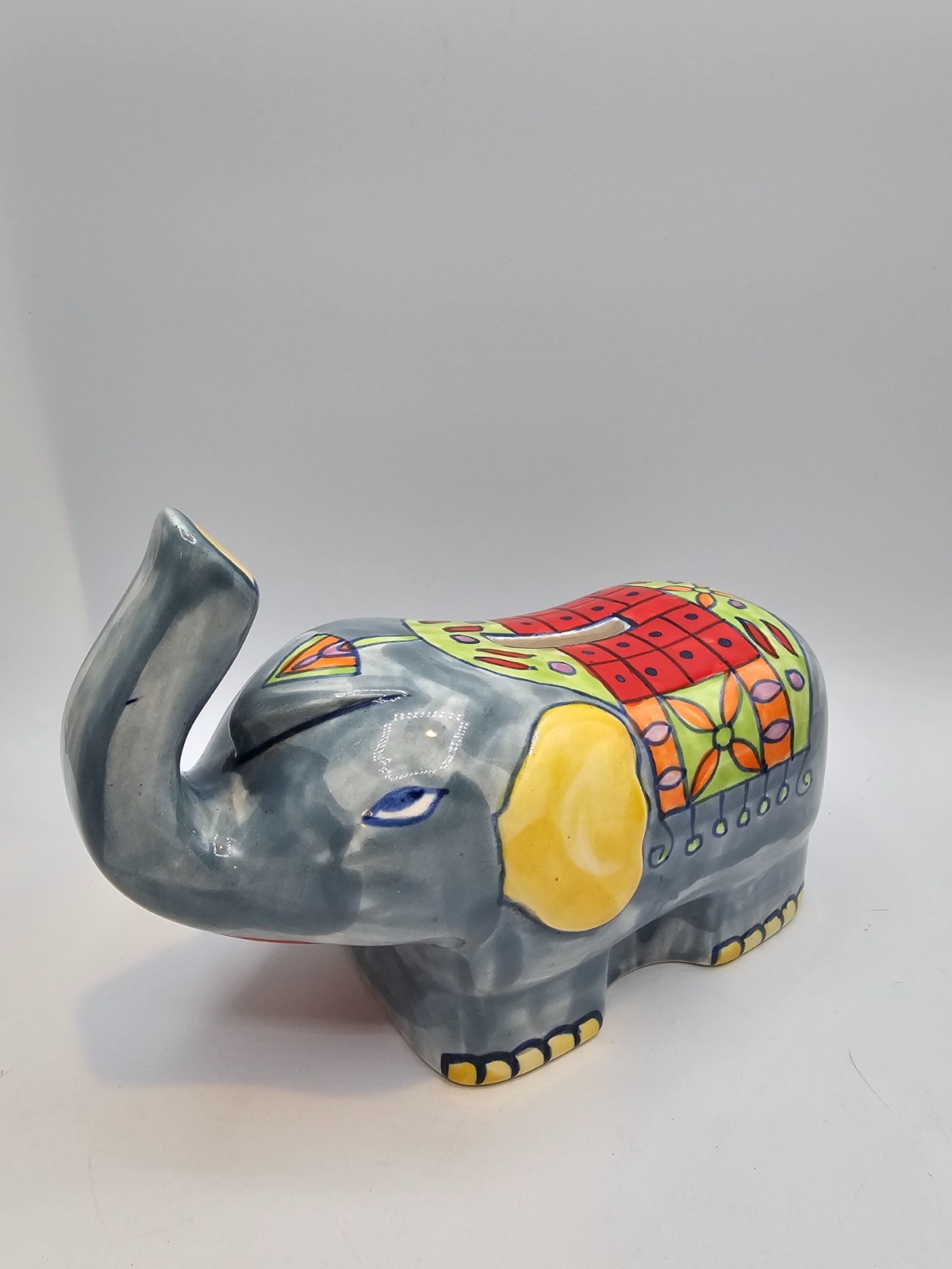 Vintage Ceramic Elephant Hand Painted Trunk Up Figurine Piggy Bank Boho Circus Vintage Ceramic Elephant Hand Painted Trunk Up Figurine Piggy Bank Boho Circus