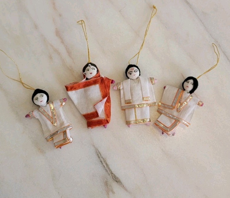 Vintage Handmade Indian Fabric Doll Ornaments Folk Art Boho Decor - Set Of 4