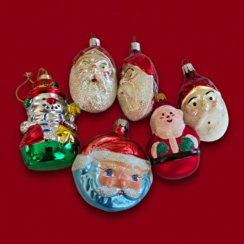 Set of 6 Vintage Glass Christmas Hanging Ornaments, Santa Faces, Multicolor Set of 6 Vintage Glass Christmas Hanging Ornaments, Santa Faces, Multicolor