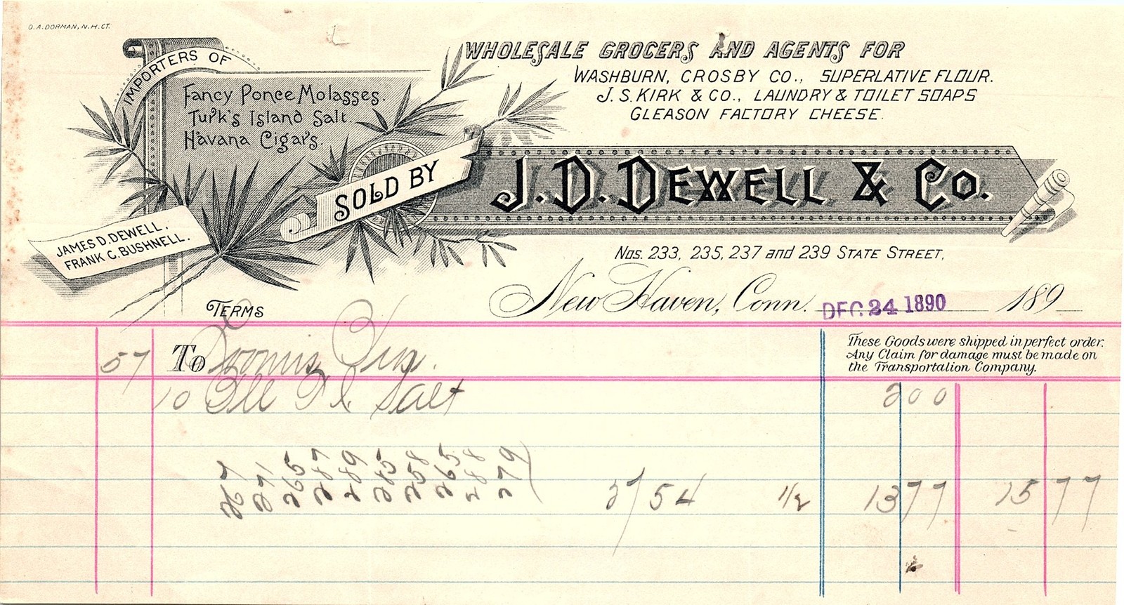 1890 J.D. Dewell & Co. New Haven Grocers billhead