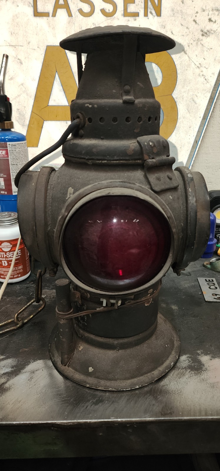 Antique Adlake Non-Sweating Railroad Switch Lamp Red Blue Lenses Adams Westlake 