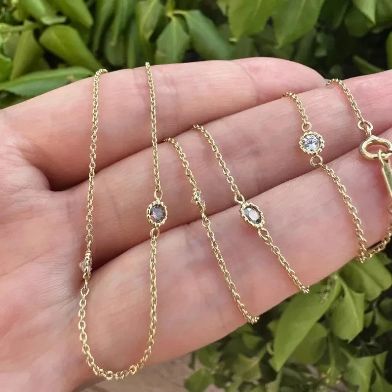 Estate 18K Yellow Gold Over Diamond Station Necklace- 18\