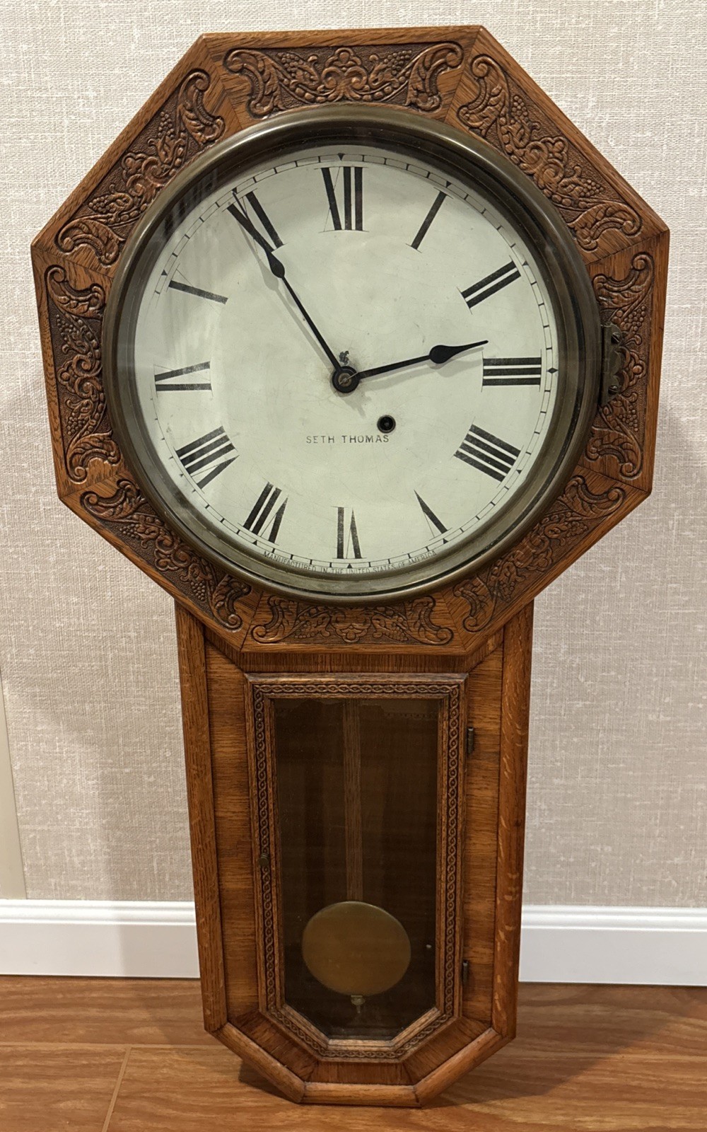 Beautiful Antique Seth Thomas Globe Variant Carved Long Drop Regulator - Runs Beautiful Antique Seth Thomas Globe Variant Carved Long Drop Regulator - Runs