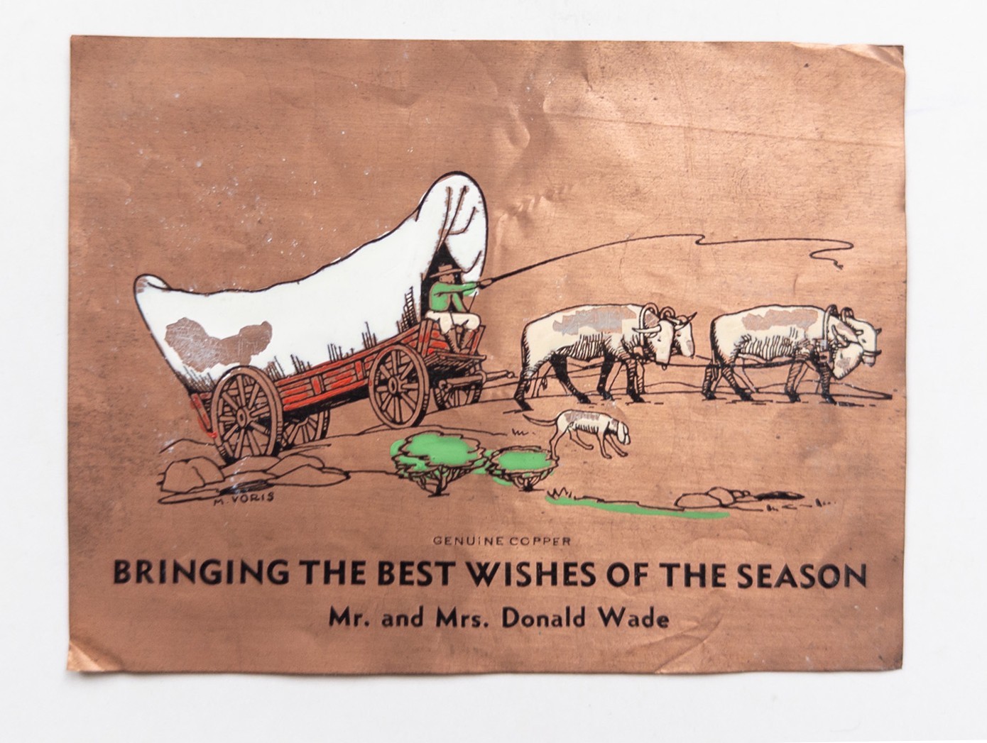 Vintage Genuine Copper Foil Christmas Card M Voris Covered Wagon Pioneer Western Vintage Genuine Copper Foil Christmas Card M Voris Covered Wagon Pioneer Western