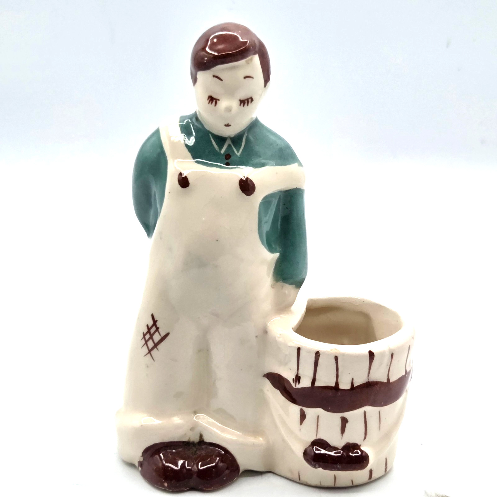 VINTAGE 1940s Ceramic Planter Farm Boy Standing Beside Miniature Barrel KITSCHY