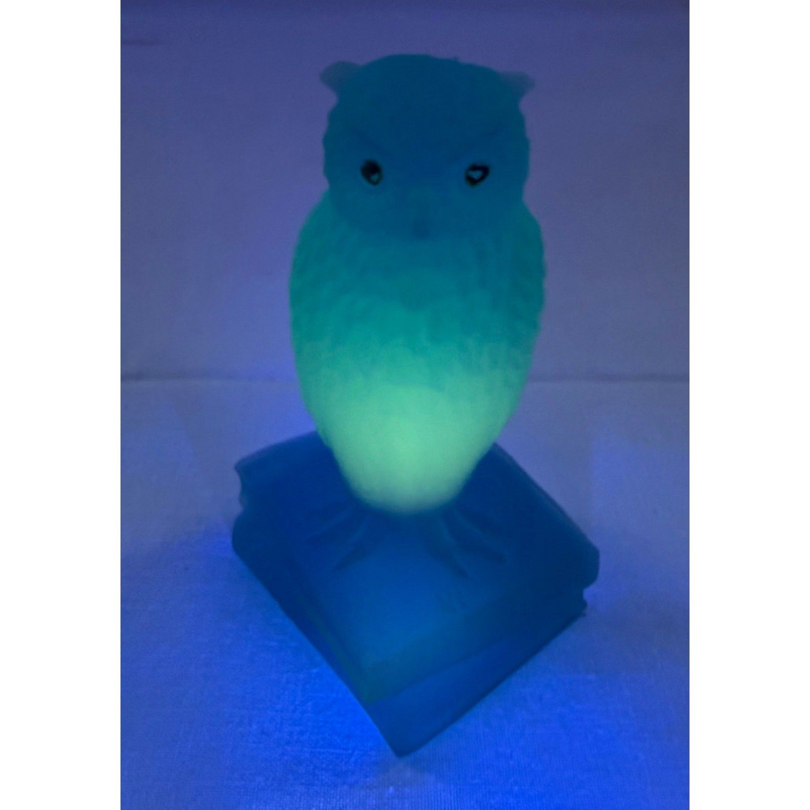 Vintage Westmoreland Blue Satin Glass Owl on Books UV Reactive Glowing