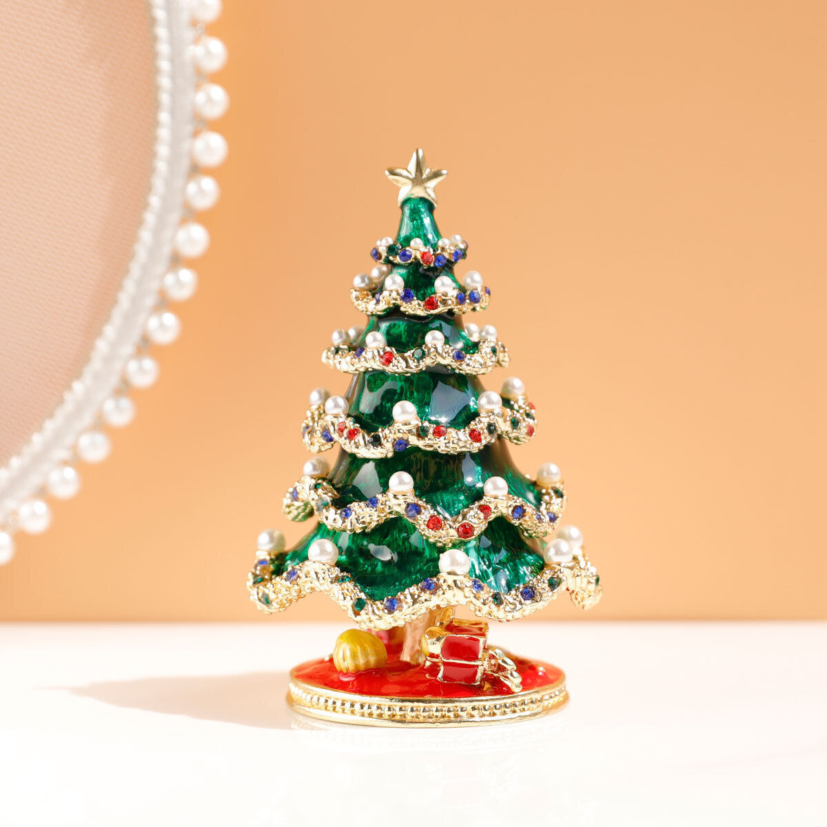 Christmas Tree Jewelry Box Hinge Rhinestone Gemstone Color Enamel Ring Box