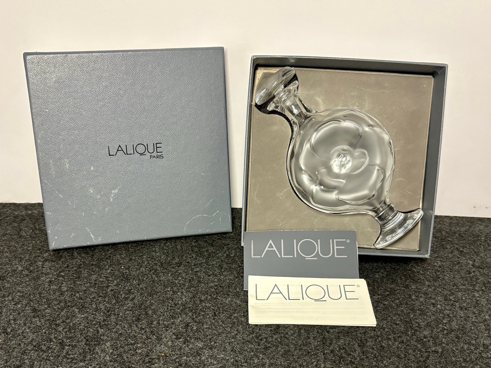 Lalique France Crystal Moulin Rouge Perfume Bottle Frosted Roses 6 5/8 In. High