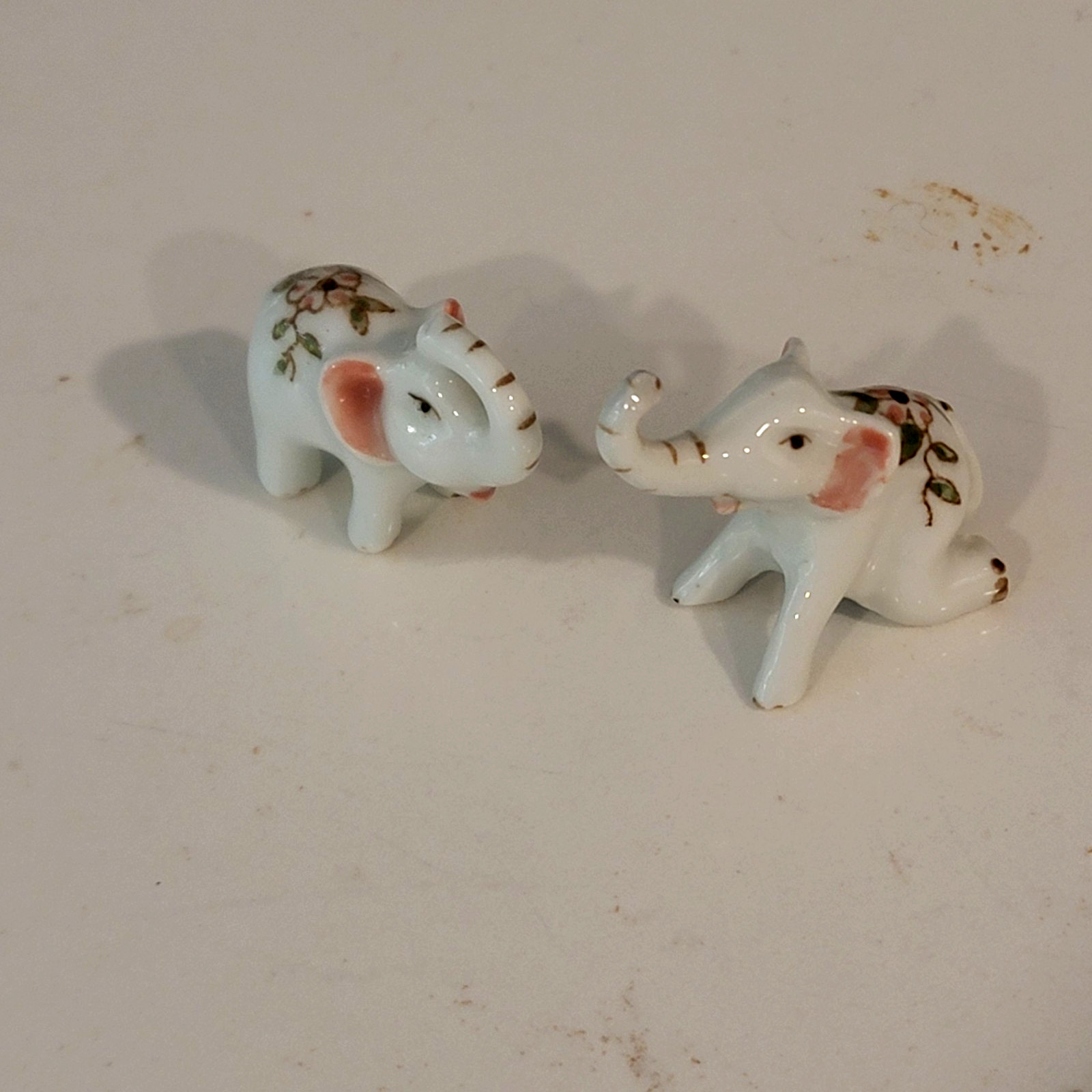 Elephant Mini Set 2 Porcelain White Pink Green Flowers 1.75\ Elephant Mini Set 2 Porcelain White Pink Green Flowers 1.75\