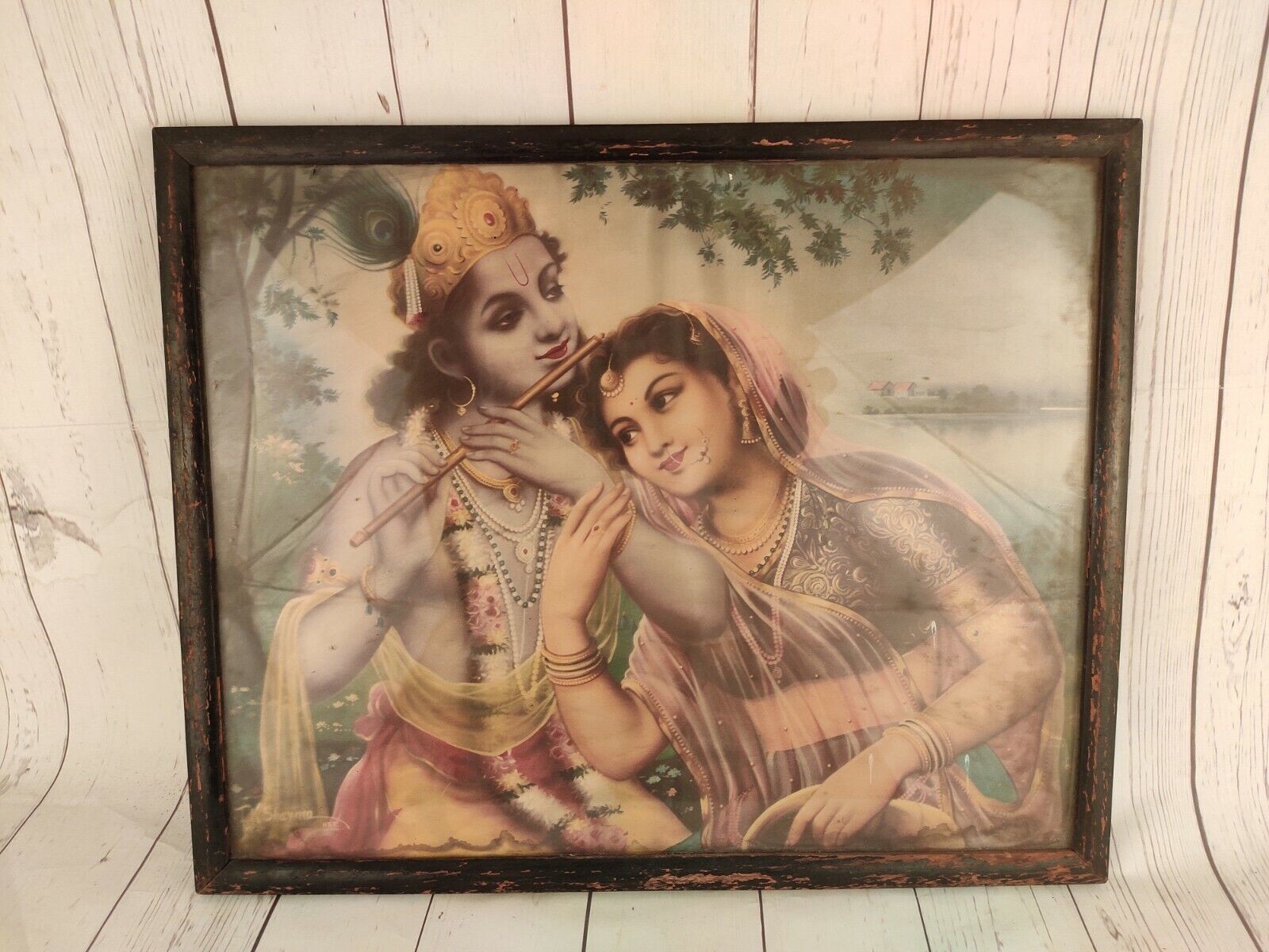 Vintage Hindu Lord Shri Radha Krishna Litho Print - Wooden Frame Wall Art