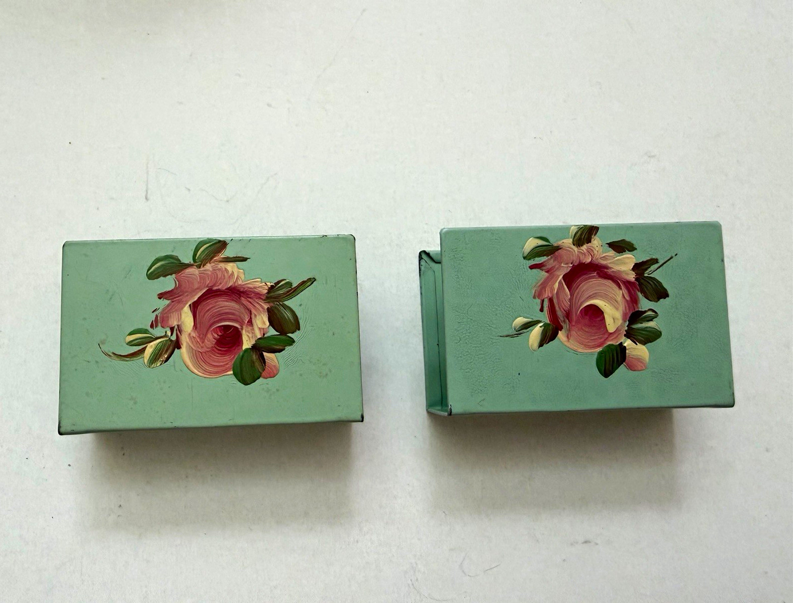 Vintage Hand Painted Toleware Matchbox Covers Pair Green Pink Roses Metal Vintage Hand Painted Toleware Matchbox Covers Pair Green Pink Roses Metal