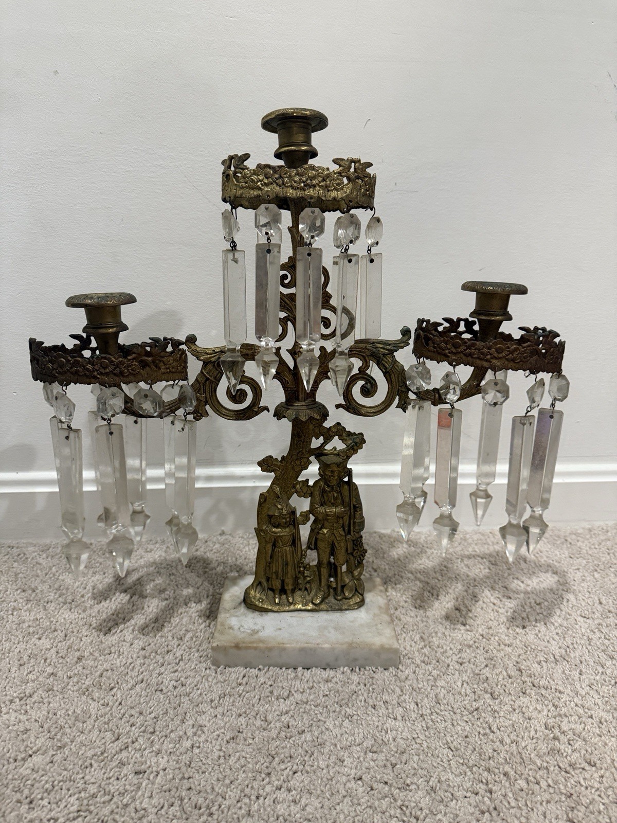 Antique Girandole Victorian Rococo French Candelabra Brass Marble Prism