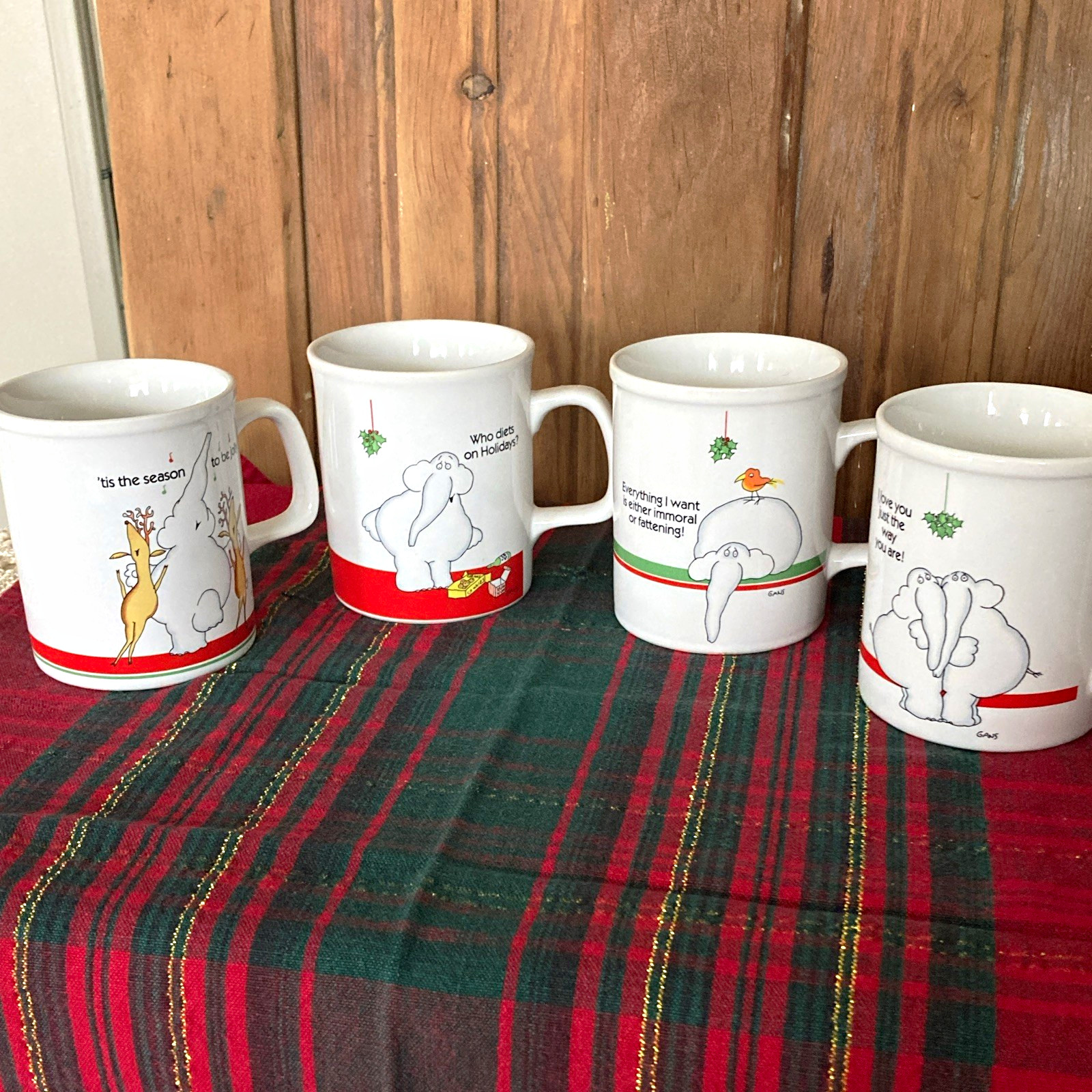 VTG 1984 Enesco Eli Elephant Christmas Mugs Set/4 Harry GANS Japan Sticker VTG 1984 Enesco Eli Elephant Christmas Mugs Set/4 Harry GANS Japan Sticker