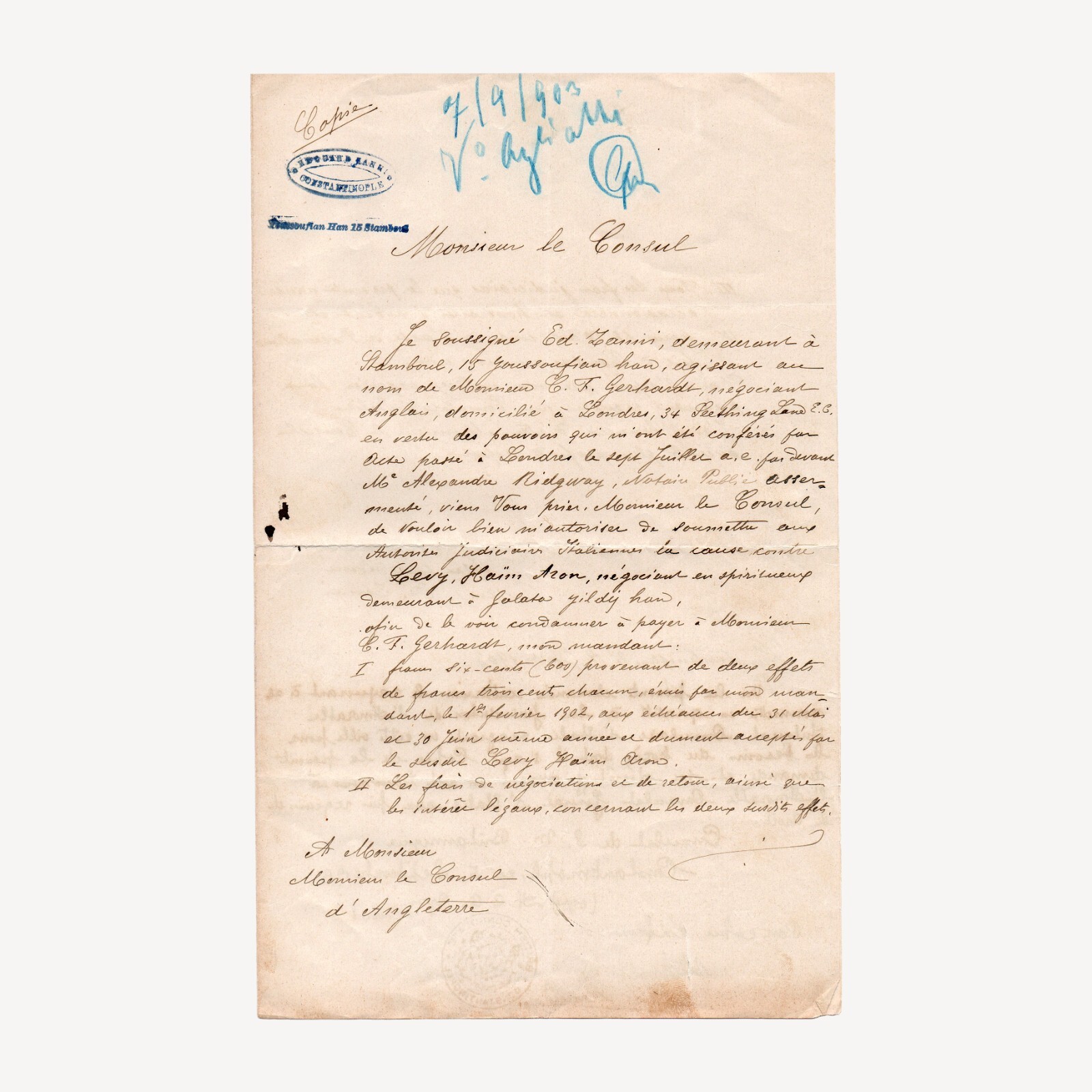 1903 United Kingdom British Consulate in Constantinople Ephemera Document