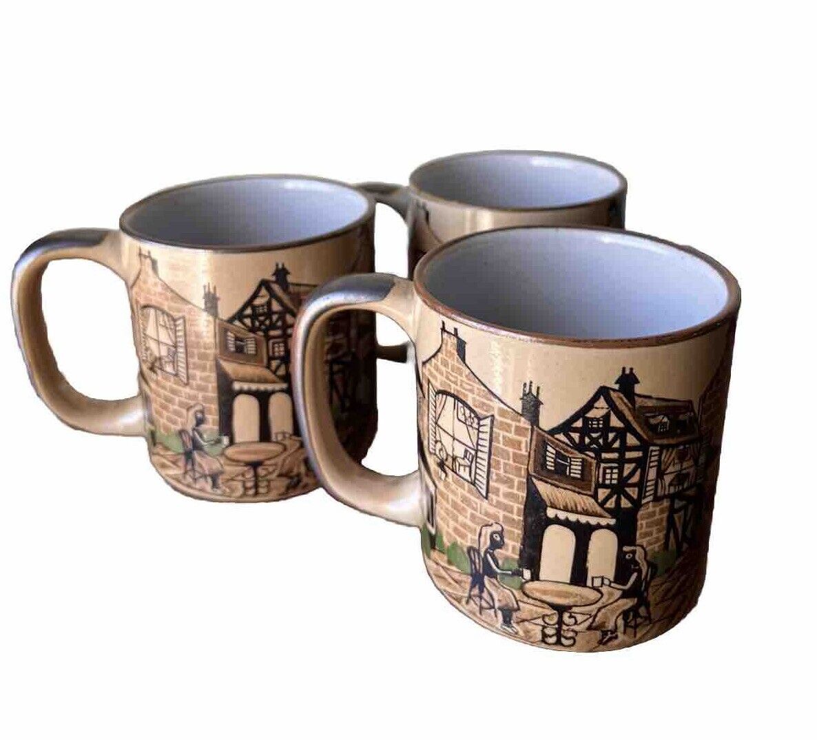 Vintage Retro stoneware mugs with European street scene and cafe Set of 3