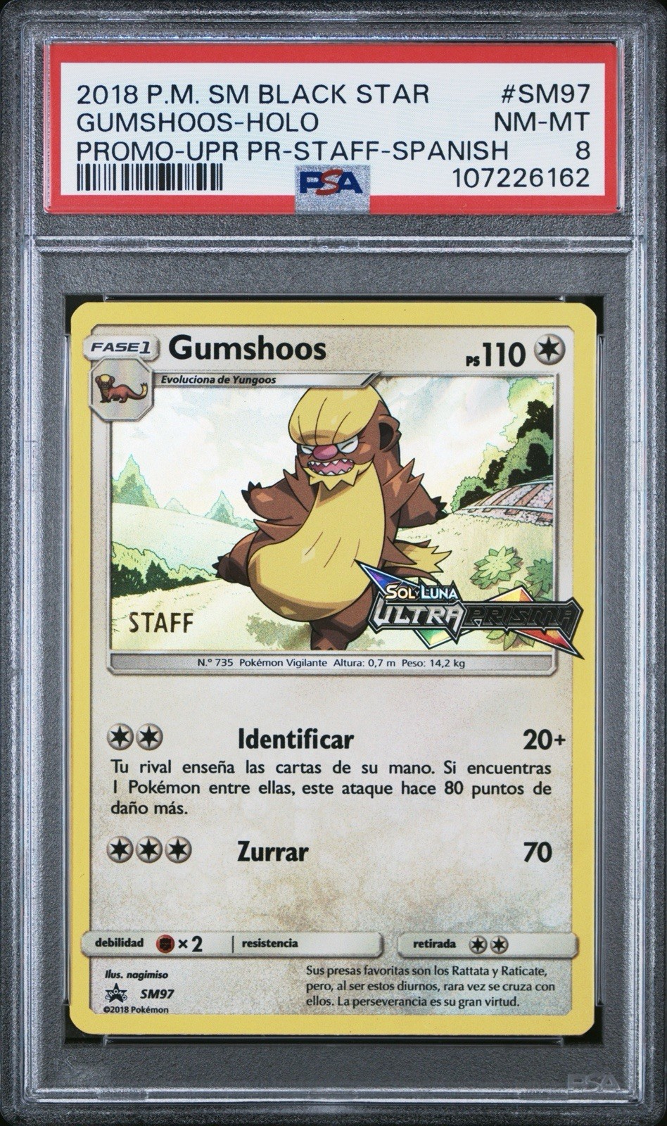 2018 Pokemon SPANISH Sol Y Luna Ultra Prism Gumshoos Holo STAFF SM97 PSA 8 2018 Pokemon SPANISH Sol Y Luna Ultra Prism Gumshoos Holo STAFF SM97 PSA 8