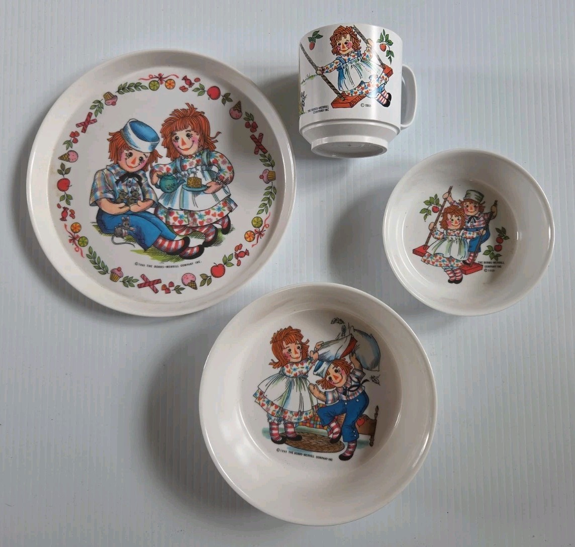 Raggedy Ann and Andy Dish Set Oneida Plate, Cup, Bowl, Dish 1969 Raggedy Ann and Andy Dish Set Oneida Plate, Cup, Bowl, Dish 1969