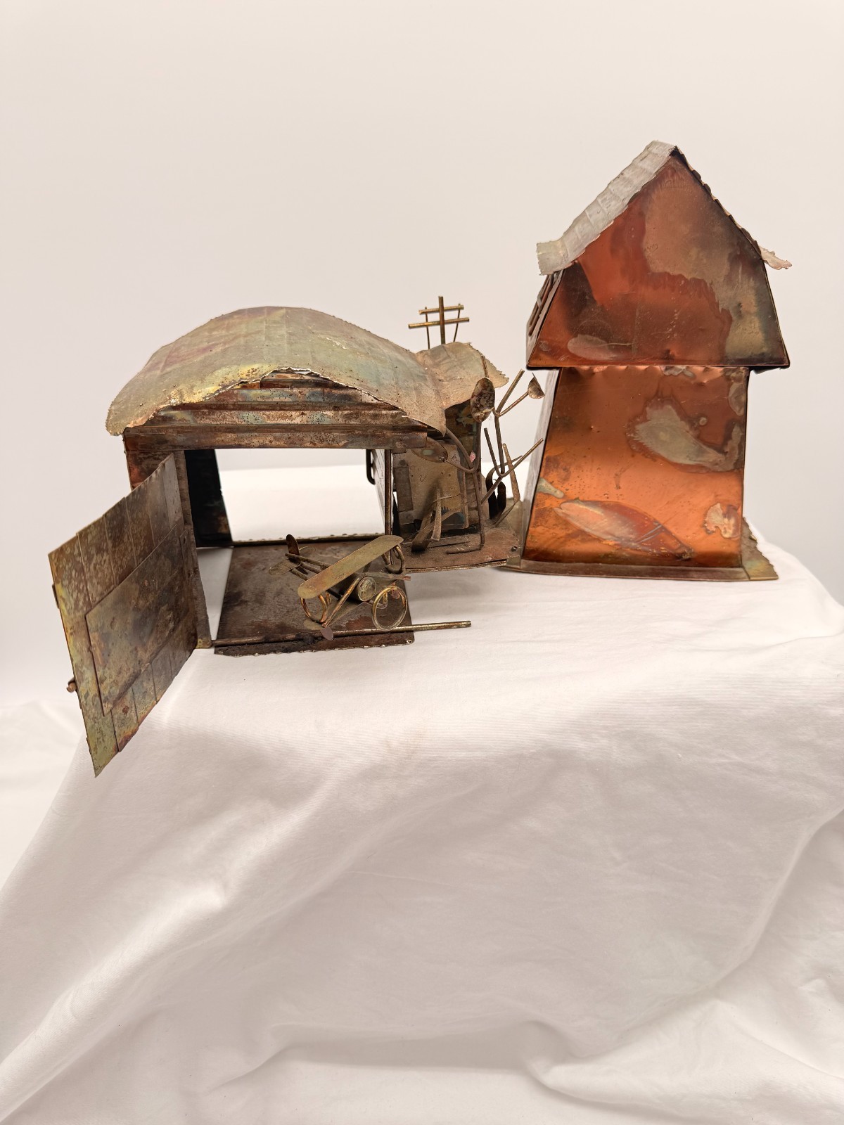 Vtg. Mid Century Modern Copper Brass Airplane & Barn Music Box