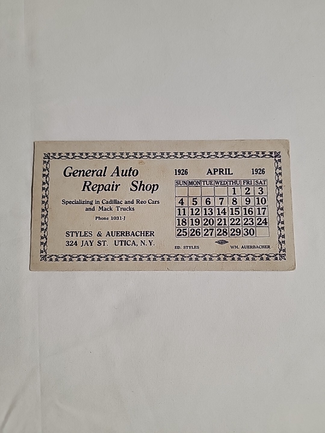 Antique 1926 Auto Shop Advertisement Card Jay St. Utica NY Styles & Auerbacher Antique 1926 Auto Shop Advertisement Card Jay St. Utica NY Styles & Auerbacher