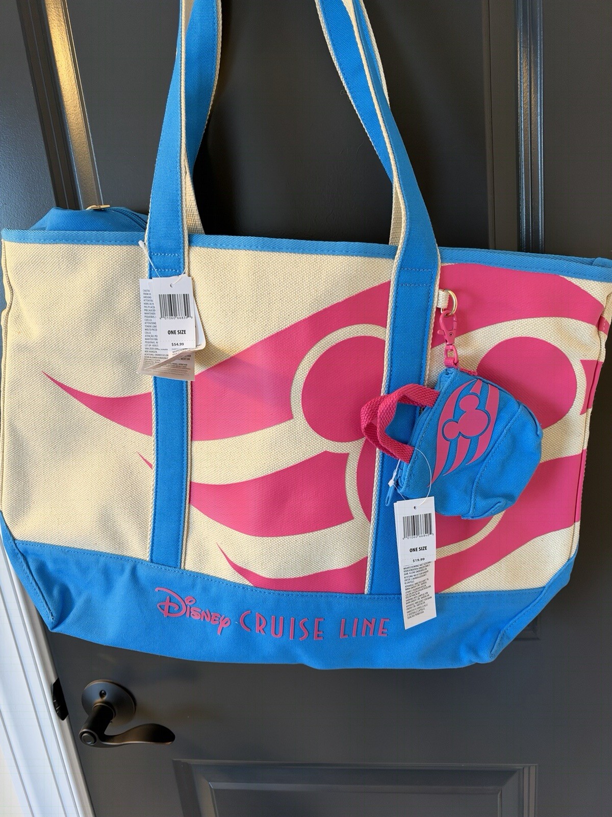 NEW 2026 Pink Blue Color Block Canvas Disney Cruise Line DCL TOTE Bag With Charm