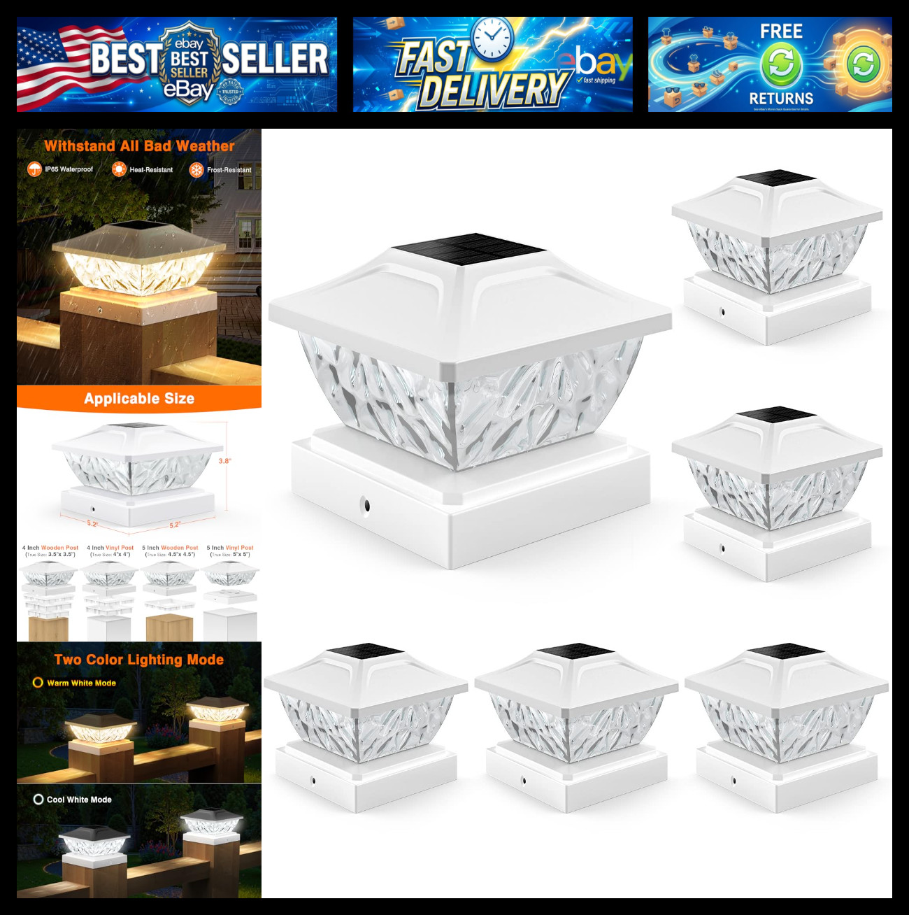 Solar Post Cap Lights Outdoor 6 Pack, 2 Mode Bright Fence Post Solar Lights Outd