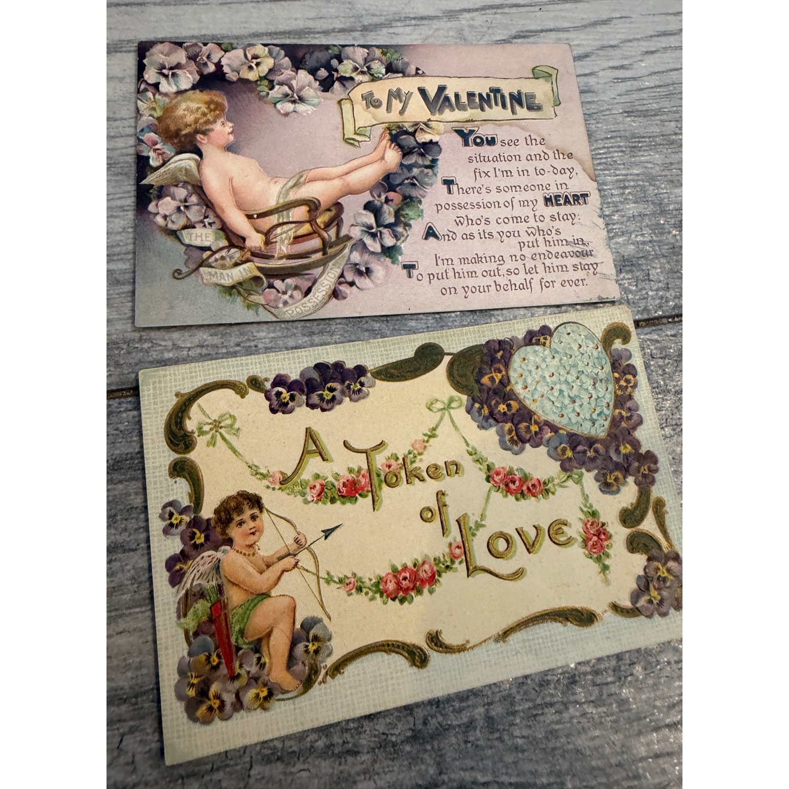 B.B. London Valentine Postcard Antique 2 pc lot Cherub Embossed Germany Cards BB