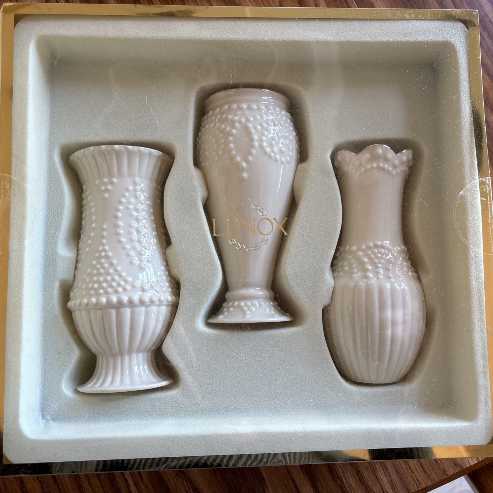 Lenox Beautiful vases Trimmed In Gold set of 3 measuring 5 inches NIB