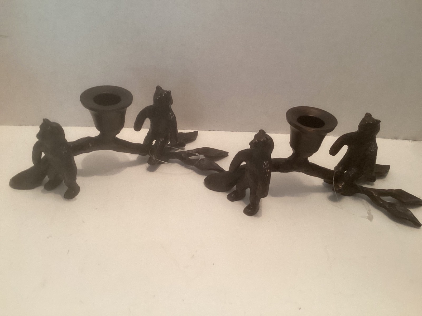 Rustic Bronze Metal Bears on a Branch Candle Holders Lot of 2
