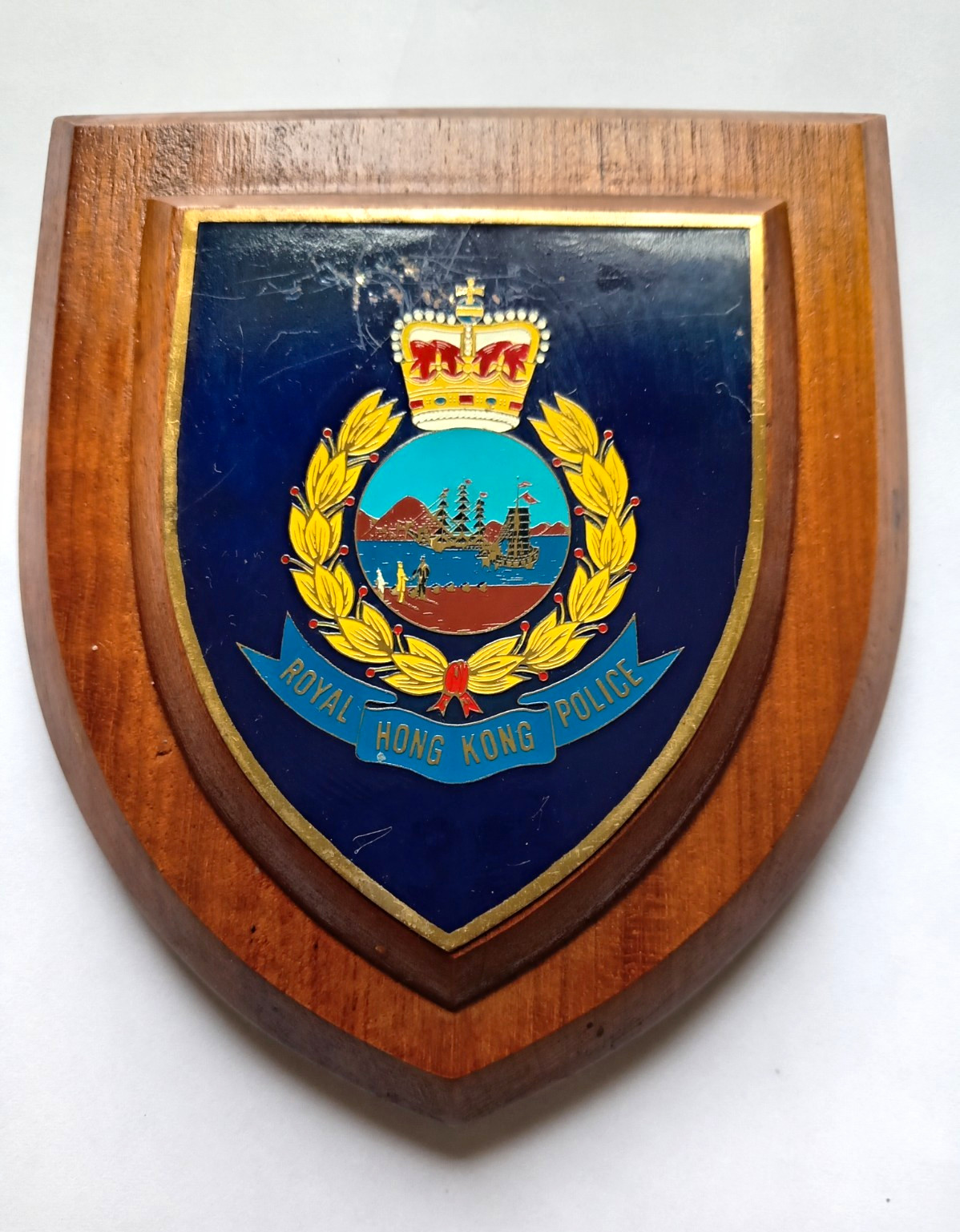 Vintage Royal Hong Kong Police Wooden Plaque Shield Colonial Crest Pre-1997 RHKP